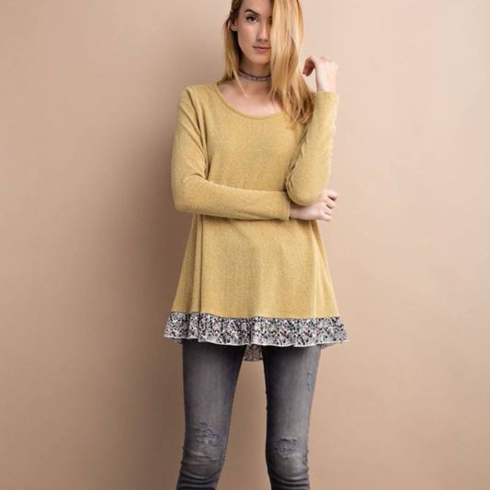 Mustard floral ruffle bottom tunic top